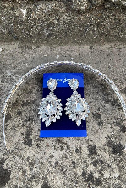 Hobigram Clara Silver Bridal Henna Crown Special Occasion Accessory Women's Crown and Wide Shuttle Earring Set