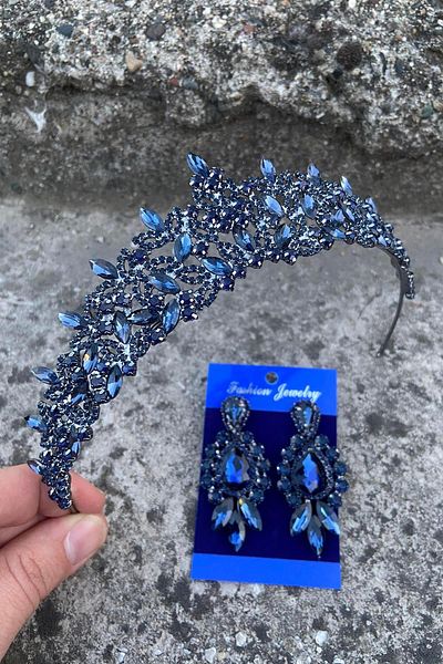 Hobigram Clara Navy Blue Bridal Henna Crown Special Day Accessory Women's Crown and Three Shuttle Earrings Set