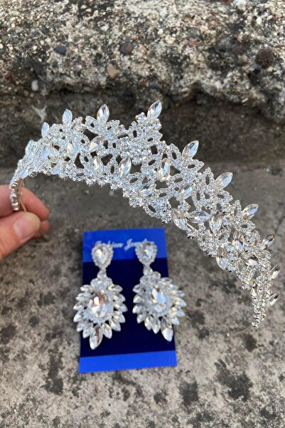 Hobigram Clara Silver Bridal Henna Crown Special Occasion Accessory Women's Crown and Wide Shuttle Earring Set