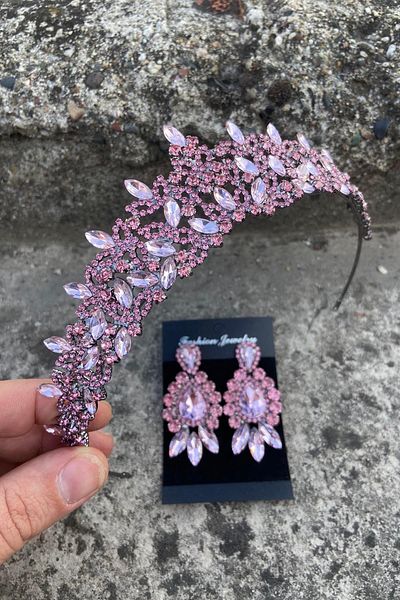 Hobigram Clara Pink Bridal Henna Crown Special Occasion Accessory Women's Crown and Three Shuttle Earrings Set