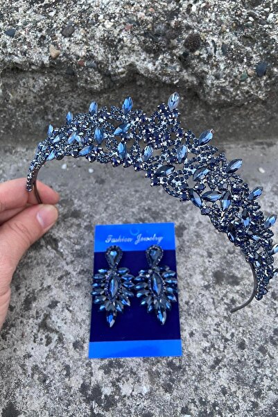 Hobigram Clara Navy Blue Bridal Henna Crown Special Occasion Accessory Women's Crown and Thin Shuttle Earring Set