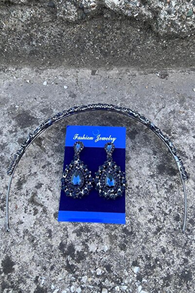 Hobigram Clara Navy Blue Bridal Henna Crown Special Day Accessory Women's Crown and Drop Shuttle Earring Set