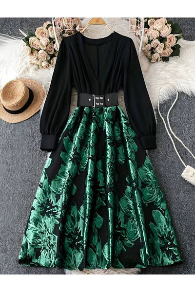 zümrüt moda σατέν φόρεμα με λαιμόκοψη σε λουλούδια και ζώνη 1793
