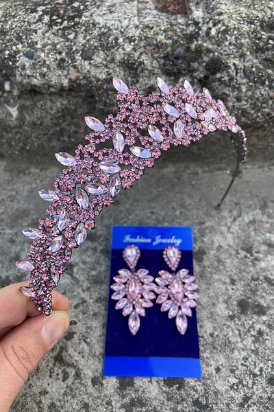 Hobigram Clara Pink Bridal Henna Crown Special Occasion Accessory Women's Crown and Thin Shuttle Earring Set
