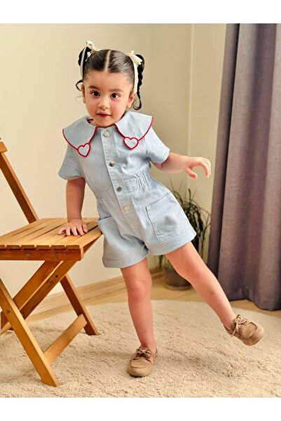 Genel Markalar Kız çocuk bebe yaka kalpli belden lastikli şortlu tulum bayramlık