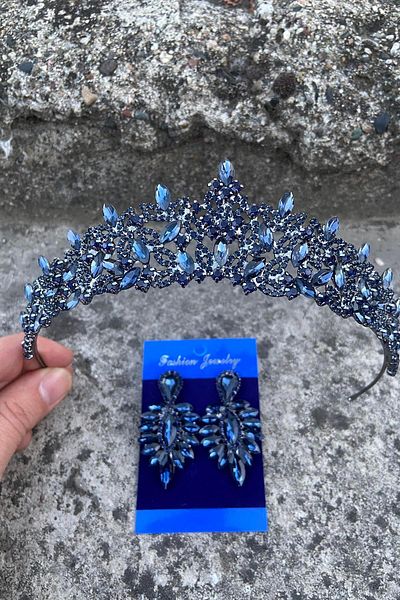 Hobigram Clara Navy Blue Bridal Henna Crown Special Occasion Accessory Women's Crown and Thin Shuttle Earring Set