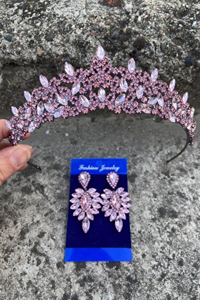 Hobigram Clara Pink Bridal Henna Crown Special Occasion Accessory Women's Crown and Thin Shuttle Earring Set