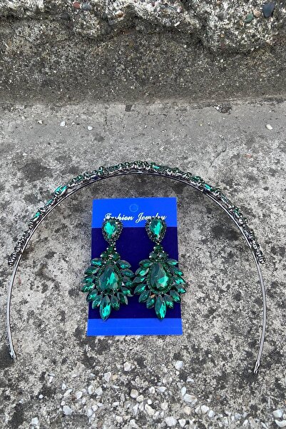 Hobigram Clara Green Bridal Henna Crown Special Occasion Accessory Women's Crown and Wide Shuttle Earrings Set
