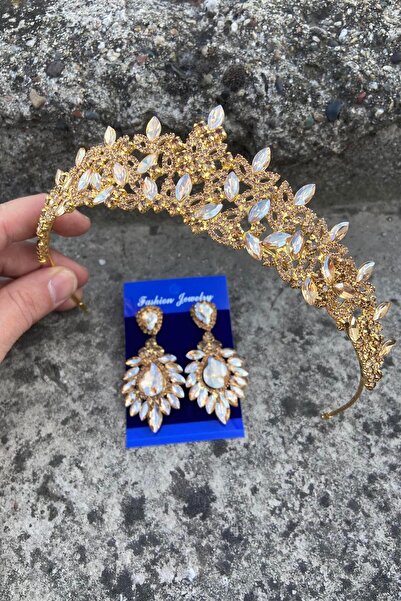Hobigram Clara Gold Bridal Henna Crown Special Occasion Accessory Women's Crown and Wide Shuttle Earrings Set