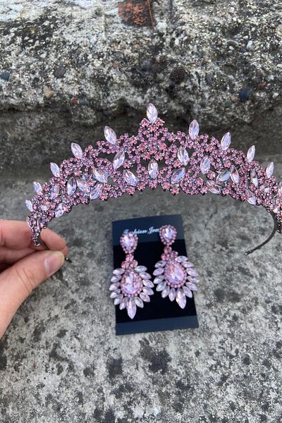 Hobigram Clara Pink Bridal Henna Crown Special Occasion Accessory Women's Crown and Wide Shuttle Earrings Set
