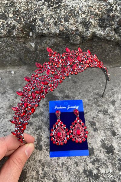 Hobigram Clara Red Bridal Henna Crown Special Occasion Accessory Women's Crown and Drop Shuttle Earrings Set