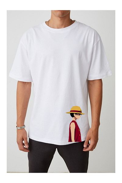 Pisa Art Мъжка тениска с щампа на Monkey D. Luffy в бял цвят, голям размер