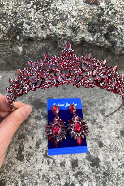 Hobigram Clara Burgundy Bridal Henna Crown Special Occasion Accessory Women's Crown and Wide Shuttle Earring Set