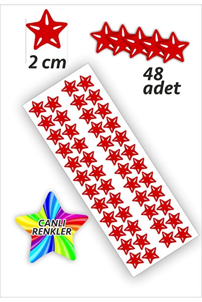 İstisna 48 Adet Yıldız Etiket Kırmızı Renk 2 Cm Yıldız Temalı Sticker Seti