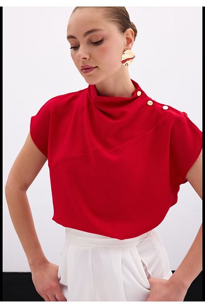 Sateen One Shoulder Clip Red Bluz