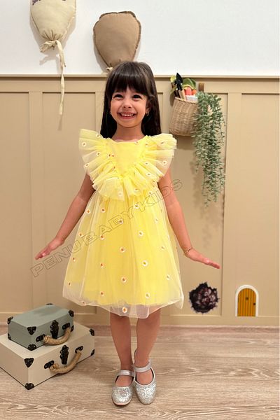 penu baby kids Rochie galbenă pentru fetiță, broderie, margarete, cu volane în față