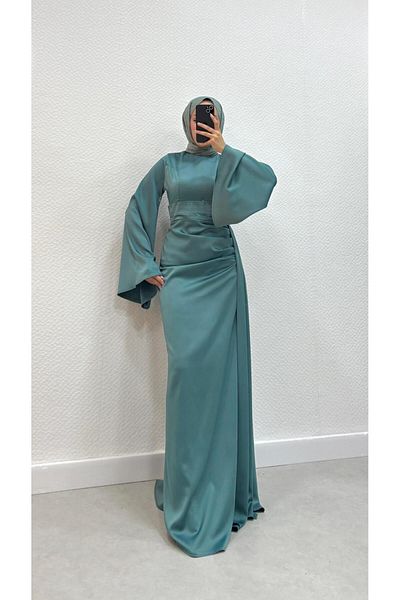 modadeywearst Drape Detailed Tailed Satin Hijab Evening Dress