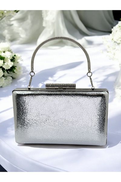 Biçanta New Model Silver Color Shiny Patterned Chain Strap Handle Women's Evening Dress Bag Wedding Engagement Graduation