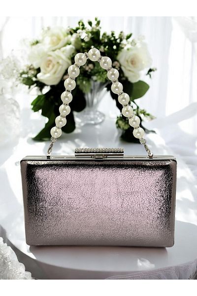 Biçanta New Model Platinum Color Shiny Patterned Chain Strap Pearl Handle Women's Evening Dress Bag Wedding Engagement
