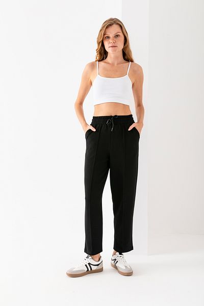 naymanlife Women's Black Balloon Pattern Striped Modal Soft Textured Lycra Trousers with Elastic Waist