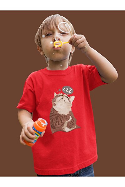 Butik Children -Cat Zzz- Transfer Printed Round Neck Short Sleeve T-Shirt