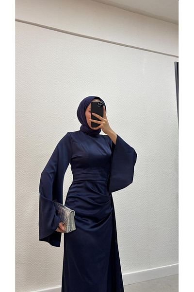 modadeywearst Drape Detailed Tailed Satin Hijab Evening Dress
