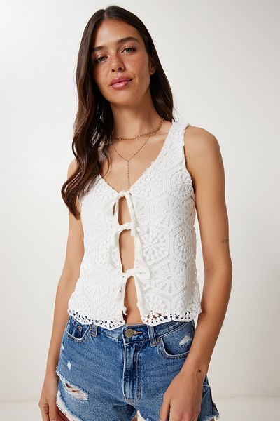 Lovelyİstanbul Lace Detailed Tie-Up Knitted Blouse Ecru Lhf0032