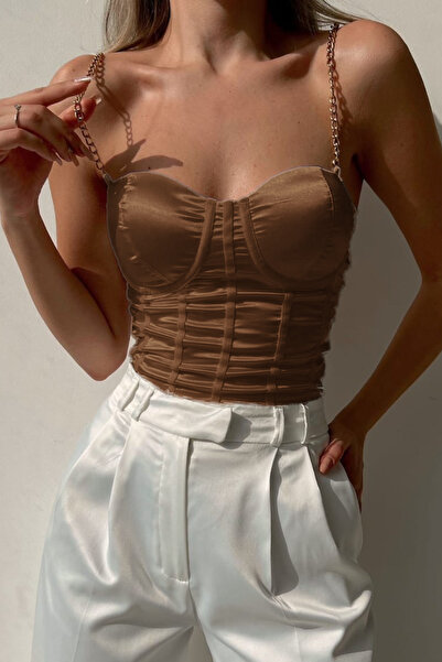 BENİMOLMALI Saten Zincir Askılı Crop Bra Destekli Crop Askılı Crop Büstiyer Gipeli Crop