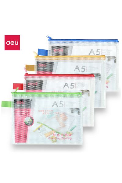 Deli E5591 A5 Zip Bag - Durable Mesh PVC, High Transparency, Metal Zip