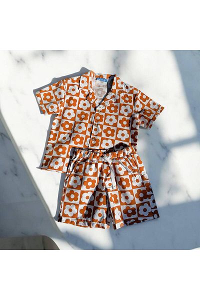 MİO Unisex Children's Cotton Floral Patterned Shorts Shirt Set - Summer Casual Cut