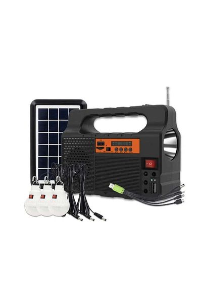 FOXMAG24 Kit solar: lanternă, radio, 3 becuri, power bank, acumulator 6V, agățare cu șnur, negru