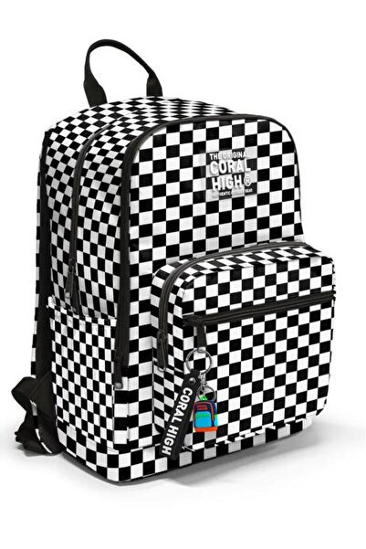 Coral High Black and White Checkerboard Patterned School Backpack 23677