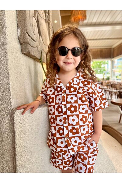 MİO Unisex Children's Cotton Floral Patterned Shorts Shirt Set - Summer Casual Cut