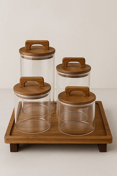 Mirilliahome Vacuum Lid Acacia Stand Glass Jar Set – Set of 4 Food Storage Jars with Natural Wooden Lids