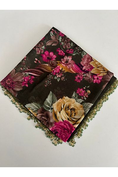 Sümeyye çeyiz Verde kaki - Artizanat manual margine cu margele scris tuilene yemeni cadou pentru nunta 100*100 cm