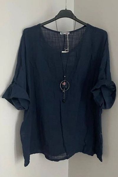 AYASOFYA OTANTIK Women's Italian Navy Blue Oversize Casual Blouse with Necklace Accessories