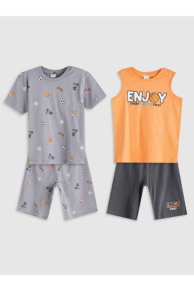 LC Waikiki Lcw Kids Orange Printed Boys Shorts Pajamas Suit 2-Piece
