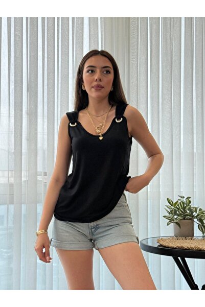 Moda Ebrar Bluză de damă, cu bretele, cu decolteu în V, din viscoză, cu ochi de pasăre