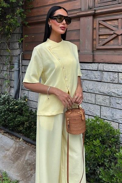 COjans Judge Collar Cross Buttoned Plazzo Trousers Viscon Linen Suit 10209