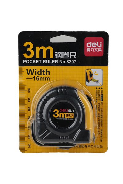 Deli 8207 Steel Measuring Tape, 3m × 16mm, Yellow – For Office & Home Measurements