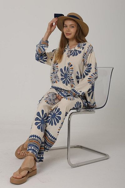 KAZAK Patterned Flared Pants Suit - Blue