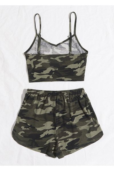 Ethab Ticaret Women's Camouflage Patterned Strappy Crop Top and Shorts Nightgown Set