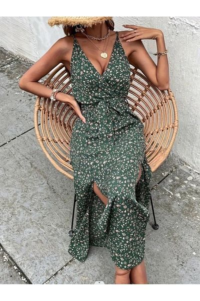 KAZAK Women's Rope Strap Double Breasted Collar Slit Long Patterned Belted Single Jersey Dress