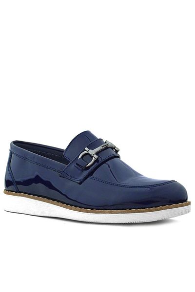 Rakerplus Piele autentică Bleumarin Piele Lacuită Mocasini cu talpă albă Pantofi clasici pentru copii