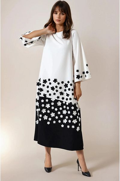 MAYELN Black and White Floral Patterned Asymmetrical Tunic Dress
