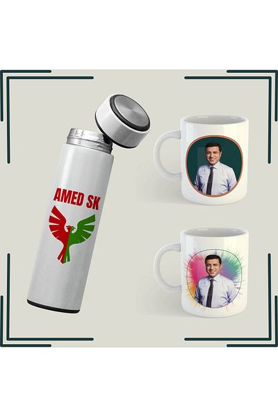 ZERYA Selahattin Demirtas Illustrated Mug - Amedspor Designed Thermos Set (2 Mugs 1 Thermos)
