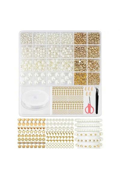 yiğit aksesuar Pearl Beads and Spacer Beads Bracelet Necklace Making Set in a Box with 26 Eyes