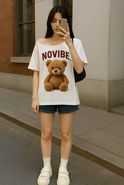 NoVibe KadınCWhite Boat Neck εμπριμέ κοντομάνικο μπλουζάκι 100% βαμβάκι