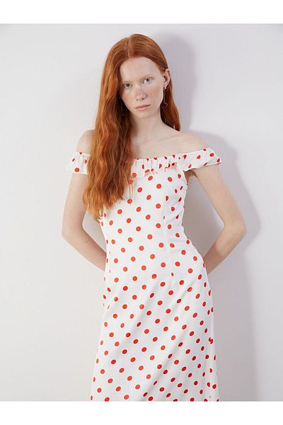 LC Waikiki Xside Strapless Neckline Polka Dot Satin Dress