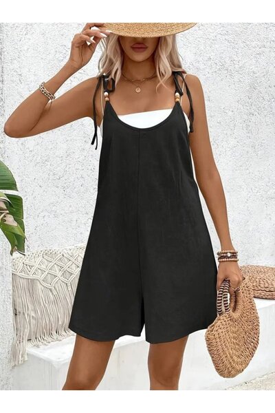 Monapera Straps Bead Detail Mini Imported Linen Jumpsuit